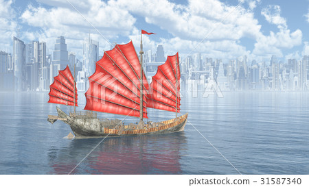 插图素材: chinese junk ship and city by the sea