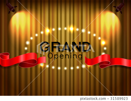 插图素材: grand opening cutting red ribbon on curtain
