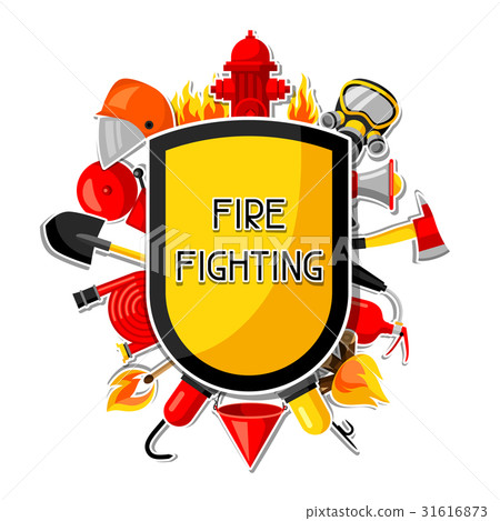 插图素材: badge with firefighting sticker items. fire