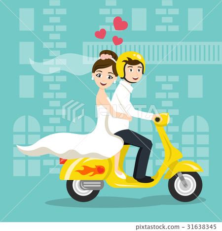 插图素材: newlyweds bride and groom riding on scooter