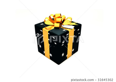 插图素材: black gift box with star, golden metal ribbon tag