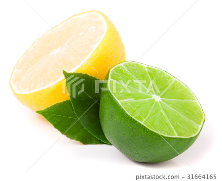 图库照片: half of lime and lemon with leaves isolated on