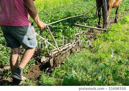 图库照片: farmer is plowing a land.