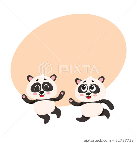 插图素材: two cute, funny baby panda characters running