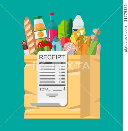 插图素材: shopping bag full of groceries and receipt