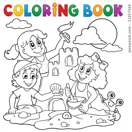 图库插图: coloring book children and sand castle