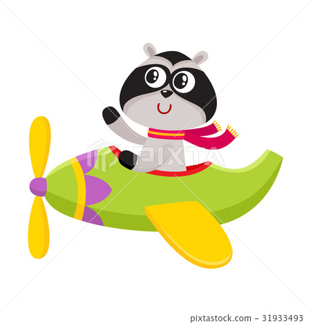 插图素材: cute funny raccoon pilot character flying on