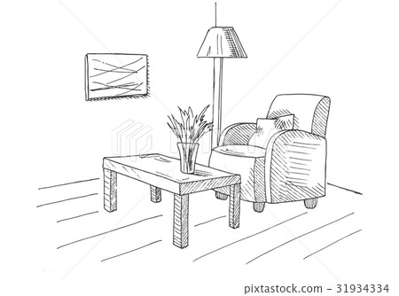 插图素材: armchair, table with a vase. floor lamp.