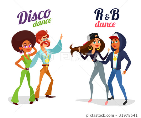 图库插图 two cartoon couples dancing dance in disco style