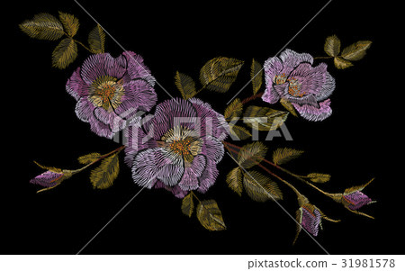 插图素材: wild pink rose embroidery crewel. fashion closing