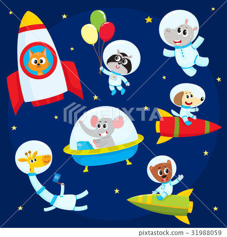 插图素材: cute animal astronauts, spacemen flying in rockets