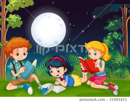 图库插图: three kids reading books at night in the park