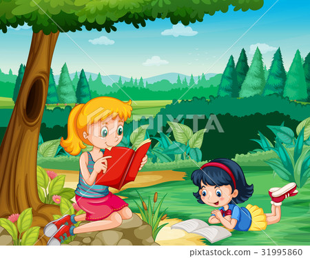 reading图片,singing图片 插图素材: two girls reading books in park