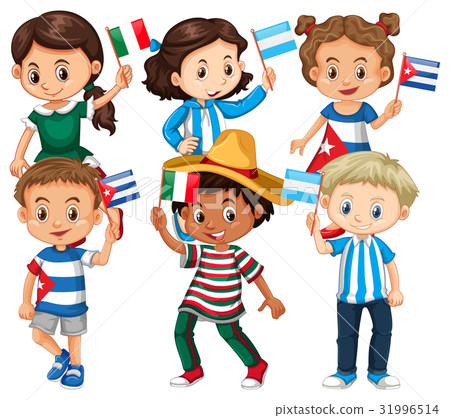 插图素材: children holding flag from different countries