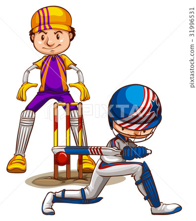 插图素材: two cricket players playing on white background