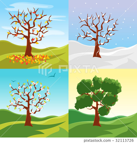 图库插图: cartoon tree seasons set on a nature landscape