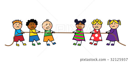 插图素材: cartoon kids boys and girls pull the rope