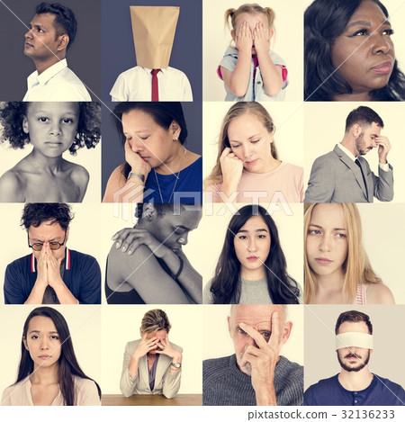 图库照片: collage of people face expression worried unhappy