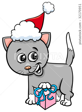 图库插图: kitten with christmas gift cartoon