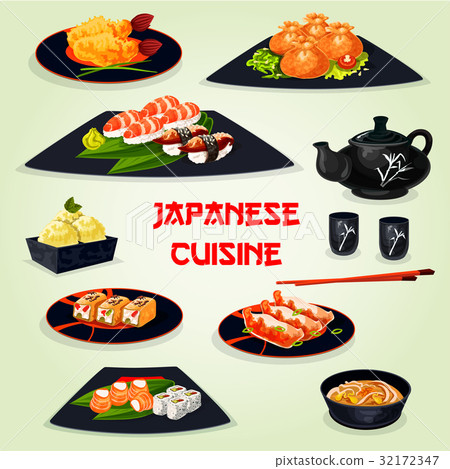 插图素材: japanese cuisine dinner with dessert cartoon icon