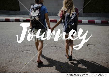 图库照片: friends travel backpacker journey with quote graphic