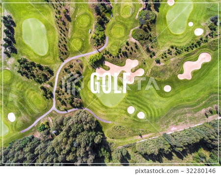 aerial,biogeochemical 图库照片: word golf. aerial view over golf field.summer time
