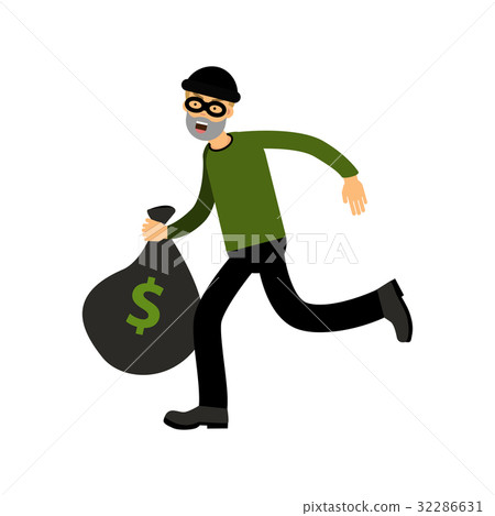 插图素材: robber character running with big money bag vector