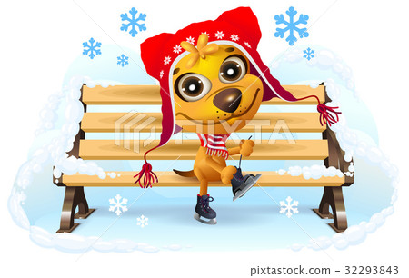 图库插图: yellow dog puts on skates. winter vacation