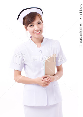 图库照片: happy, positive nurse, hand holding medical record