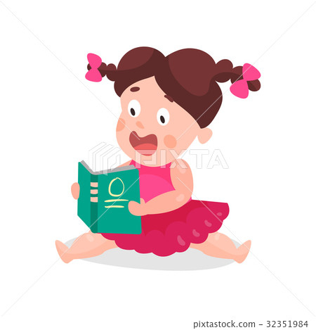 插图素材: cute cartoon little boy in a pink dress sitting on