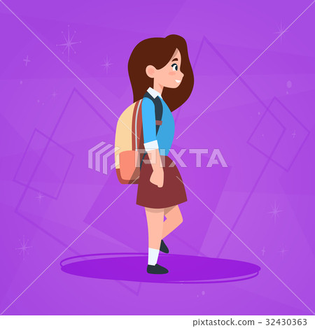 图库插图: girl pupil walking to school schoolgirl small