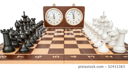 插图素材: checkerboard with figures and chess clock