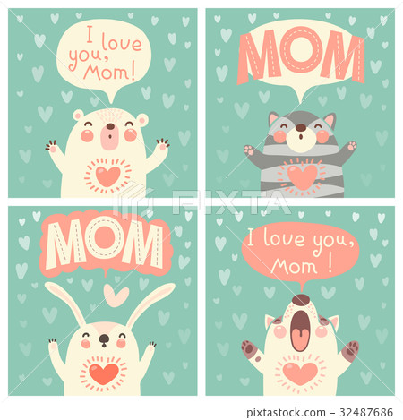 插图素材: greeting card for mom with cute animals.