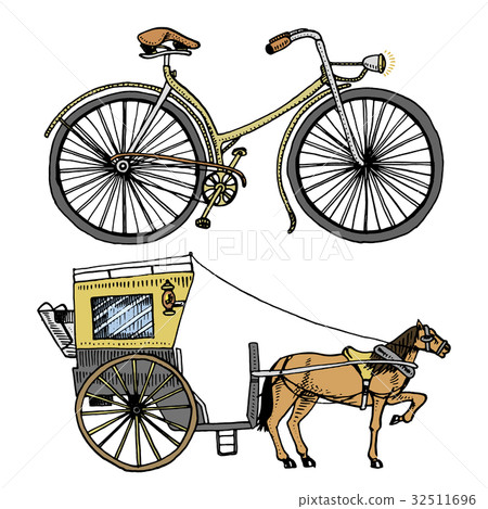 horse-drawn carriage, 图库插图: horse-drawn carriage or coach and bicycle, bike or