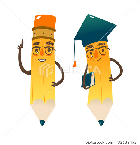 pencil cartoon,cartoonpencil 插图素材: vector cartoon humanized pencil in cap and glasses