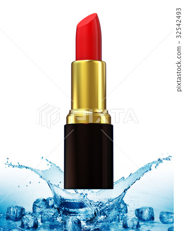 插图素材: red lipstick in water splash on blue background