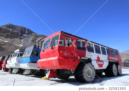 图库照片 加拿大洛基山脉 雪地车 冰川