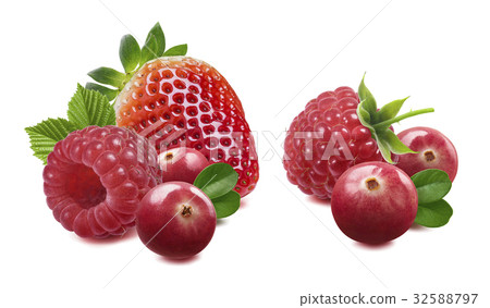 图库照片: raspberry cranberry strawberry double isolated