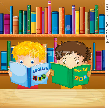 插图素材: boys reading books in library