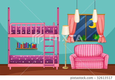 图库插图: bedroom with bunkbed and pink sofa