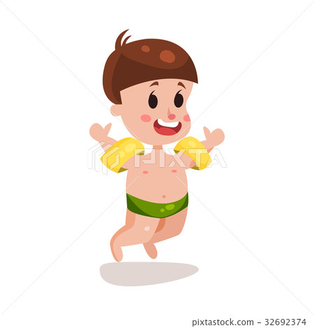 插图素材: cute happy boy jumping with inflatable armbands