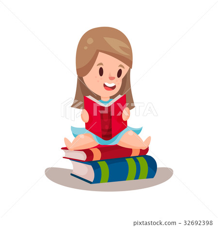 插图素材: sweet girl reading a book sitting on a pile of 查看