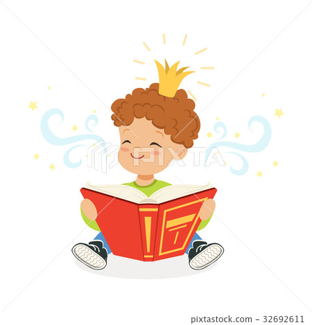 图库插图: sweet little boy reading a book and dreaming about