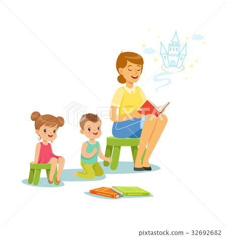 插图素材: teacher reading a fairytale to kids in preschool