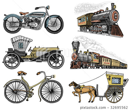 horse-drawn carriage, 插图素材: car, motorbike, horse-drawn carriage, locomotive