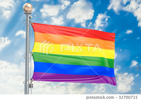 图库插图 rainbow flag lgbt flag waving in blue cloudy sky