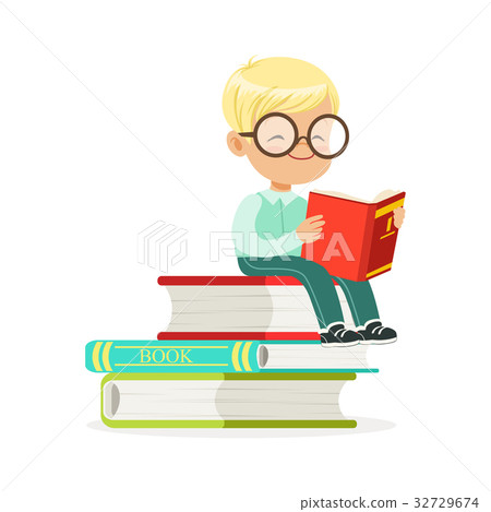 插图素材: smart boy sitting on pile of books and reading a