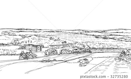 插图素材: rural field landscape. countryside skyline view