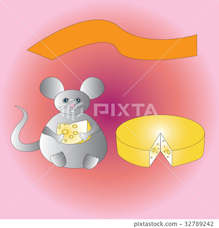 图库插图: a happy fat mouse with a piece of cheese.