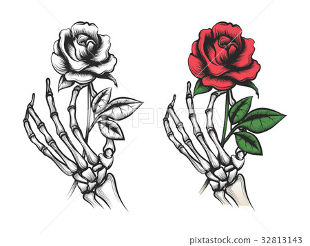 插图素材: rose flower in human skeleton hand